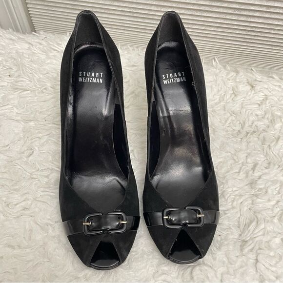 STUART WEITZMAN BLACK HIGH HEEL BUCKLE LEATHER PEEP TOE PUMPS SZ 9 M - Picture 7 of 9